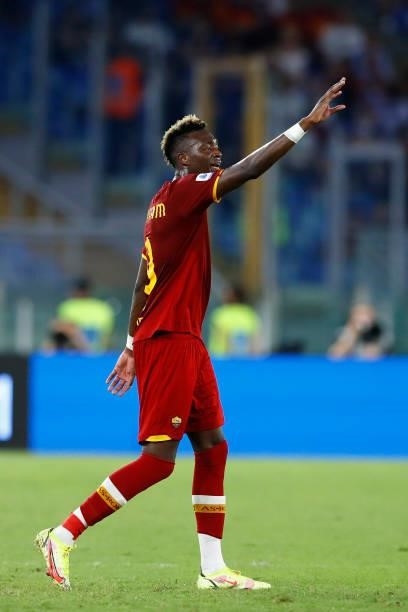 Tammy Abraham of AS Roma gestures during the Serie A match between AS Roma and ACF Fiorentina at Stadio Olimpico on August 22, 2021 in Rome, Italy.