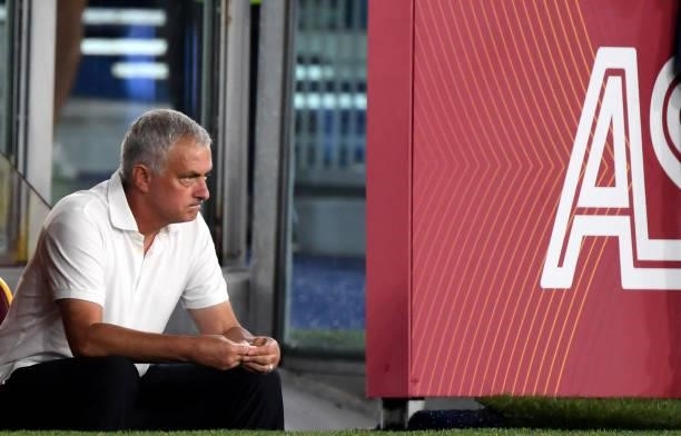 Jose Mourinho Head Coach of AS Roma looks on ,during the Serie A match between AS Roma v ACF Fiorentina at Stadio Olimpico on August 22, 2021 in...