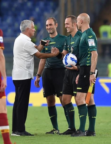 José Mourinho head coach of AS Roma and Vincenzo Italiano head coach of ACF Fiorentina after the Serie A match between AS Roma and ACF Fiorentina at...