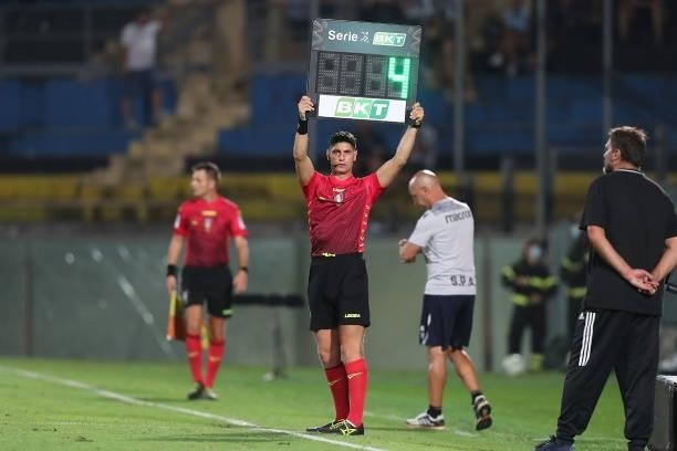 Giuseppe Collu IV referre with a banner during the SERIE B match between Pisa Calcio and SPAL at Arena Garibaldi on August 22, 2021 in Pisa, Italy.