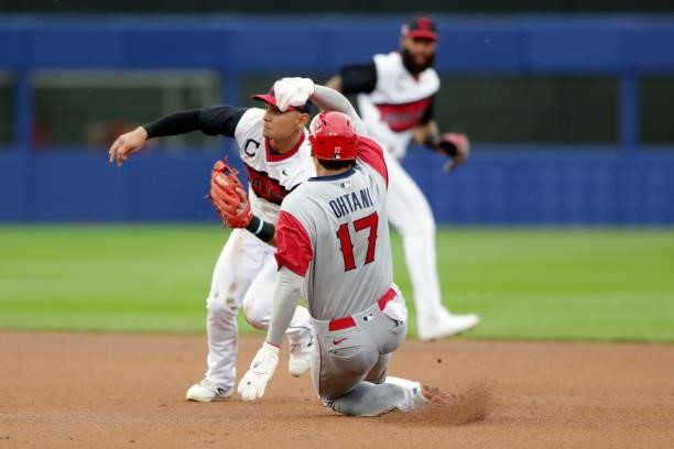 Shohei Ohtani of the Los Angeles Angels steals second base in the first inning during the game between the Los Angeles Angels and the Cleveland...