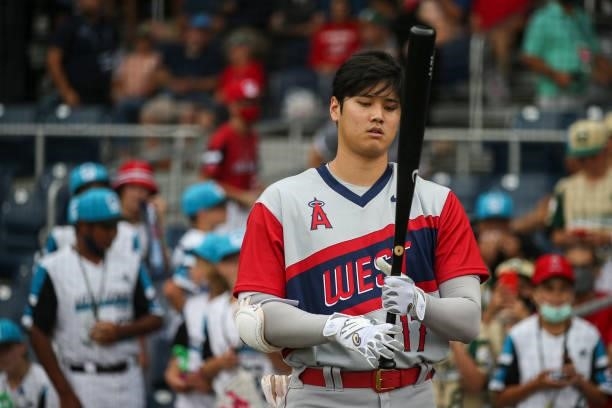 Shohei Ohtani of the Los Angeles Angels warms up before the game between the Los Angeles Angels and the Cleveland Indians at Historic Bowman Field on...