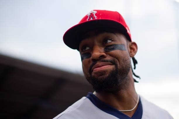 Jo Adell of the Los Angeles Angels is seen before the game between the Los Angeles Angels and the Cleveland Indians at Historic Bowman Field on...