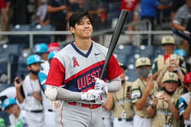 Shohei Ohtani of the Los Angeles Angels warms up before the game between the Los Angeles Angels and the Cleveland Indians at Historic Bowman Field on...