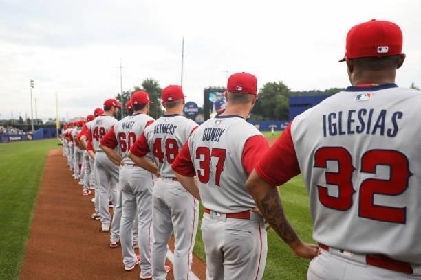 The Los Angeles Angels are seen before the game between the Los Angeles Angels and the Cleveland Indians at Historic Bowman Field on Sunday, August...