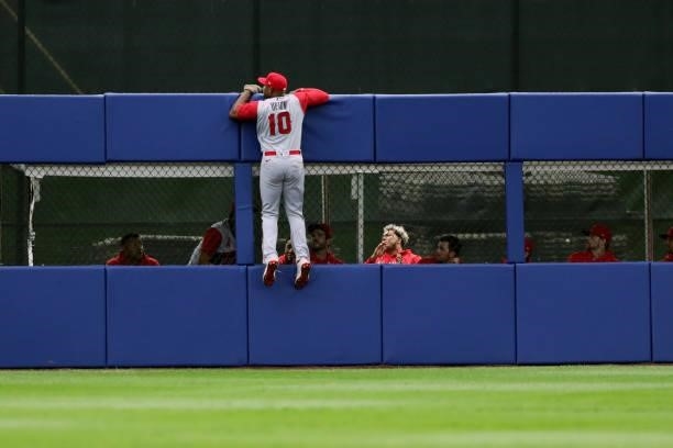 Justin Upton of the Los Angeles Angels watches an Amed Rosario of the Cleveland Indians two-run home run go over the fence in the first inning during...