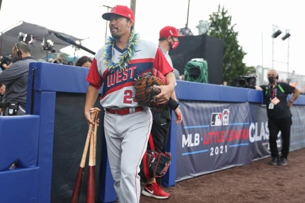 Kurt Suzuki of the Los Angeles Angels is seen before the game between the Los Angeles Angels and the Cleveland Indians at Historic Bowman Field on...
