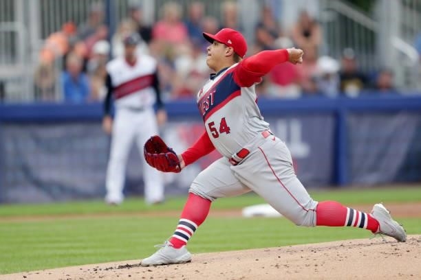 José Suarez of the Los Angeles Angels pitches during the game between the Los Angeles Angels and the Cleveland Indians at Historic Bowman Field on...