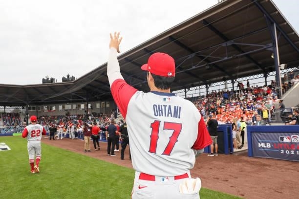 Shohei Ohtani of the Los Angeles Angels is seen before the game between the Los Angeles Angels and the Cleveland Indians at Historic Bowman Field on...