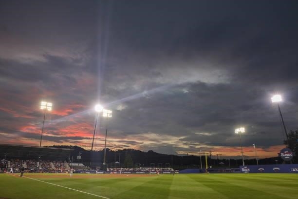 General view while the sun sets during the game between the Los Angeles Angels and the Cleveland Indians at Historic Bowman Field on Sunday, August...