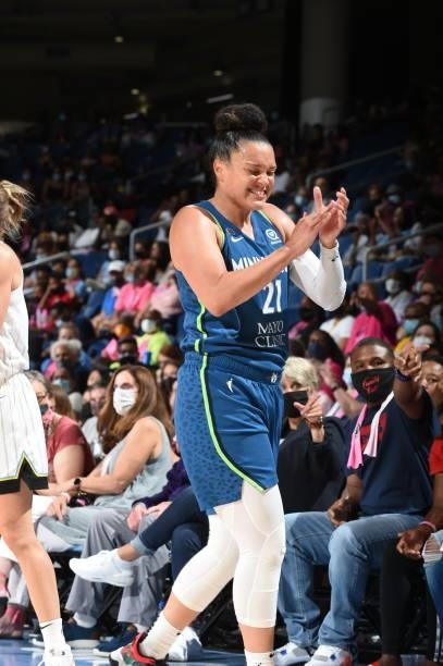 Kayla McBride of the Minnesota Lynx reacts to a play during the game against the Chicago Sky on August 21, 2021 at the Wintrust Arena in Chicago,...