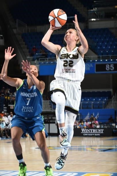 Courtney Vandersloot of the Chicago Sky shoots the ball against the Minnesota Lynx on August 21, 2021 at the Wintrust Arena in Chicago, Illinois....