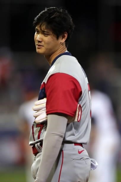 Shohei Ohtani of the Los Angeles Angels looks on during the game between the Los Angeles Angels and the Cleveland Indians at Historic Bowman Field on...