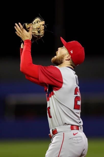 Jared Walsh of the Los Angeles Angels catches a pop-up during the game between the Los Angeles Angels and the Cleveland Indians at Historic Bowman...