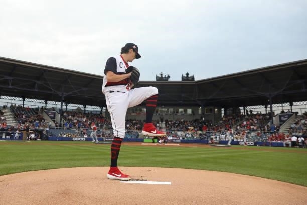 Cal Quantrill of the Cleveland Indians warms up during the game between the Los Angeles Angels and the Cleveland Indians at Historic Bowman Field on...