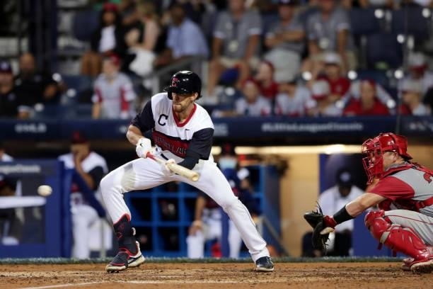 Bradley Zimmer of the Cleveland Indians bunts during the game between the Los Angeles Angels and the Cleveland Indians at Historic Bowman Field on...