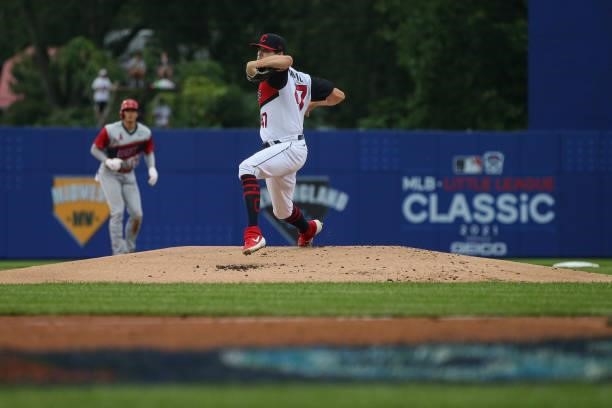 Cal Quantrill of the Cleveland Indians pitches during the game between the Los Angeles Angels and the Cleveland Indians at Historic Bowman Field on...