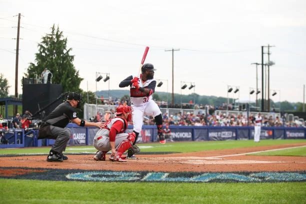 Franmil Reyes of the Cleveland Indians bats during the game between the Los Angeles Angels and the Cleveland Indians at Historic Bowman Field on...