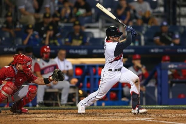 Owen Miller of the Cleveland Indians bats during the game between the Los Angeles Angels and the Cleveland Indians at Historic Bowman Field on...