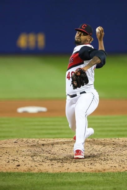 Emmanuel Clase of the Cleveland Indians pitches during the game between the Los Angeles Angels and the Cleveland Indians at Historic Bowman Field on...