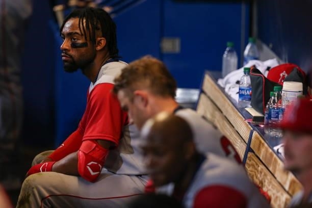 Jo Adell of the Los Angeles Angels waits in the dugout during the game between the Los Angeles Angels and the Cleveland Indians at Historic Bowman...