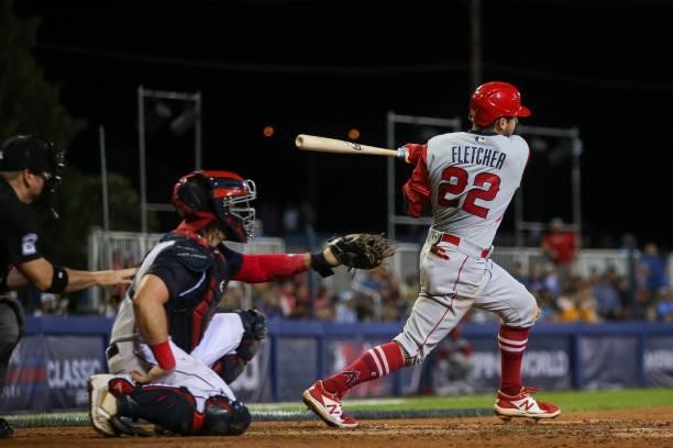 David Fletcher of the Los Angeles Angels bats during the game between the Los Angeles Angels and the Cleveland Indians at Historic Bowman Field on...