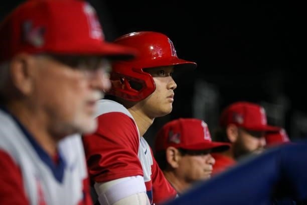 Shohei Ohtani of the Los Angeles Angels prepares to bat during the game between the Los Angeles Angels and the Cleveland Indians at Historic Bowman...
