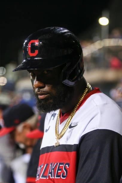 Franmil Reyes of the Cleveland Indians looks at the camera during the game between the Los Angeles Angels and the Cleveland Indians at Historic...