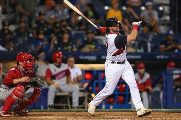 Austin Hedges of the Cleveland Indians bats during the game between the Los Angeles Angels and the Cleveland Indians at Historic Bowman Field on...