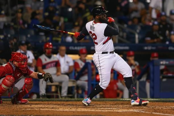 Franmil Reyes of the Cleveland Indians bats during the game between the Los Angeles Angels and the Cleveland Indians at Historic Bowman Field on...