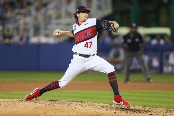 Cal Quantrill of the Cleveland Indians pitches during the game between the Los Angeles Angels and the Cleveland Indians at Historic Bowman Field on...