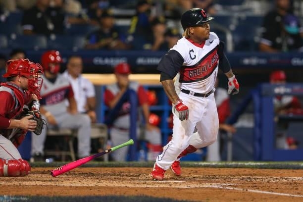 José Ramírez of the Cleveland Indians bats during the game between the Los Angeles Angels and the Cleveland Indians at Historic Bowman Field on...