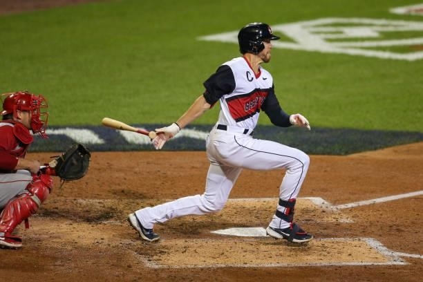 Bradley Zimmer of the Cleveland Indians bats during the game between the Los Angeles Angels and the Cleveland Indians at Historic Bowman Field on...