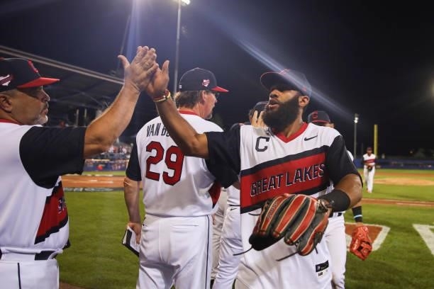 Amed Rosario of the Cleveland Indians celebrates after winning the game between the Los Angeles Angels and the Cleveland Indians at Historic Bowman...