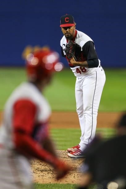 Emmanuel Clase of the Cleveland Indians pitches during the game between the Los Angeles Angels and the Cleveland Indians at Historic Bowman Field on...