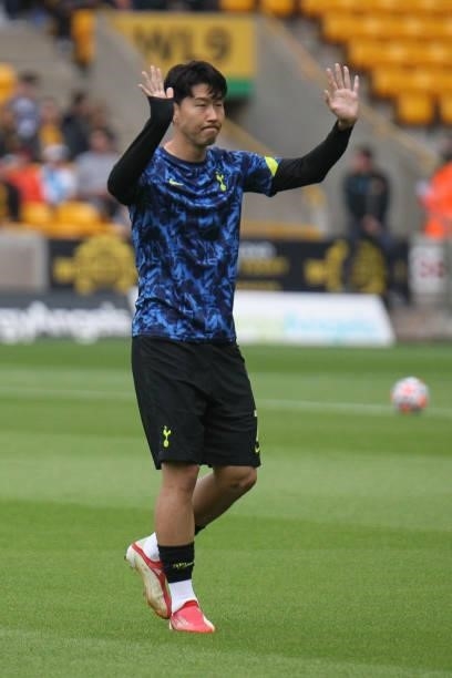 Son Heung-Min of Tottenham Hotspur warms up during the Premier League match between Wolverhampton Wanderers and Tottenham Hotspur at Molineux,...