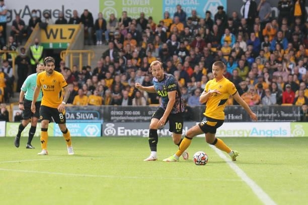 Harry Kane of Tottenham Hotspur plays the ball during the Premier League match between Wolverhampton Wanderers and Tottenham Hotspur at Molineux,...