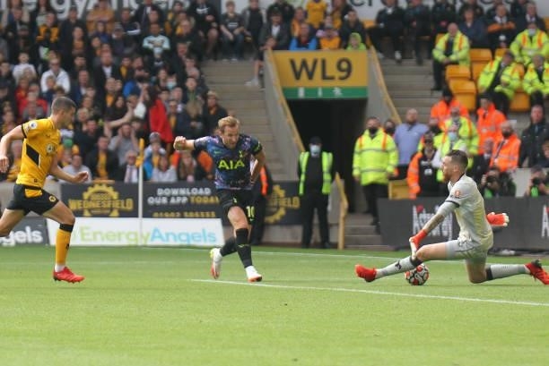 Harry Kane of Tottenham Hotspur takes a shot during the Premier League match between Wolverhampton Wanderers and Tottenham Hotspur at Molineux,...
