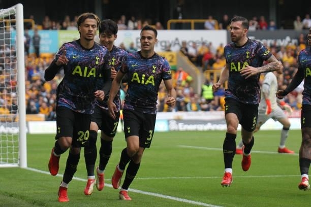 Dele Alli of Tottenham Hotspur celebrates his goal making it 1-0 to Spurs during the Premier League match between Wolverhampton Wanderers and...