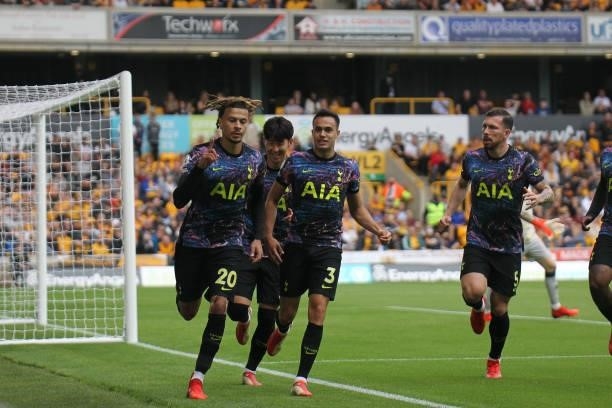 Dele Alli of Tottenham Hotspur celebrates his goal to make it 1-0 to Spurs during the Premier League match between Wolverhampton Wanderers and...