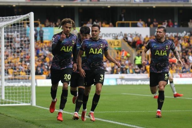 Dele Alli of Tottenham Hotspur celebrates his goal making it 1-0 to Spurs during the Premier League match between Wolverhampton Wanderers and...