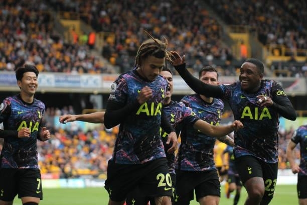 Dele Alli of Tottenham Hotspur celebrates his goal to make it 1-0 to Spurs during the Premier League match between Wolverhampton Wanderers and...
