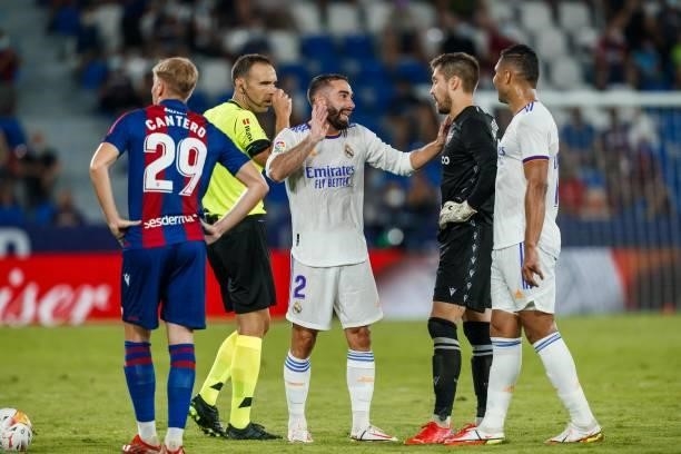 Dani Carvajal of Real Madrid with Aitor Fernandez of Levante UD during the Liga match between Levante UD and Real Madrid at Estadio Ciudad de...