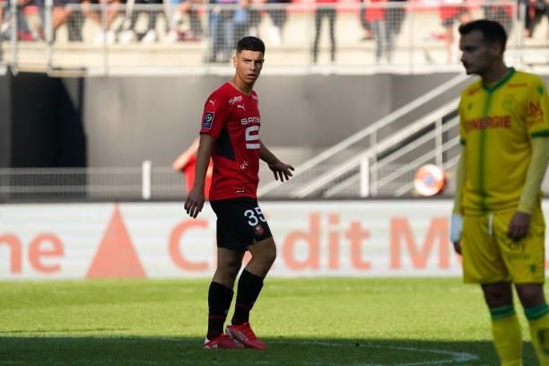 Matthis ABLINE of Rennes during the Ligue 1 Uber Eats match between Rennes and Nantes at Roazhon Park on August 22, 2021 in Rennes, France.