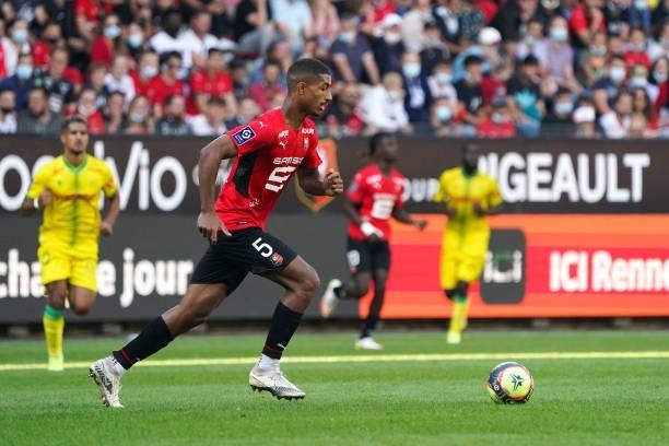 Loic BADE of Rennes during the Ligue 1 Uber Eats match between Rennes and Nantes at Roazhon Park on August 22, 2021 in Rennes, France.