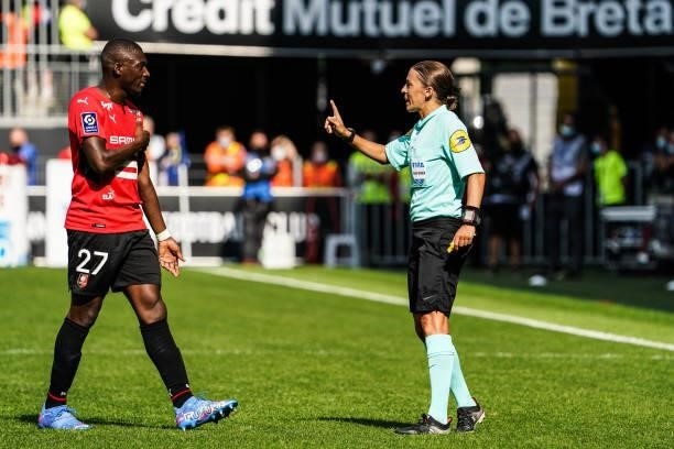 Stephanie FRAPPART, referee and Hamari TRAORE of Rennes during the Ligue 1 Uber Eats match between Rennes and Nantes at Roazhon Park on August 22,...
