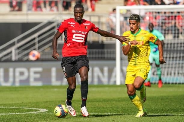 Serhou GUIRASSY of Rennes and Ludovic BLAS of Nantes during the Ligue 1 Uber Eats match between Rennes and Nantes at Roazhon Park on August 22, 2021...