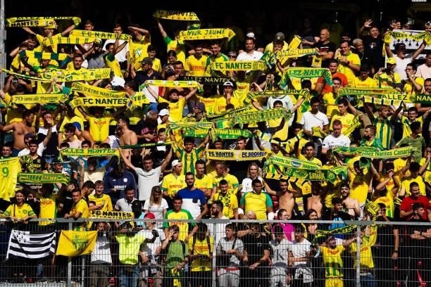 Supporters of Nantes during the Ligue 1 Uber Eats match between Rennes and Nantes at Roazhon Park on August 22, 2021 in Rennes, France.