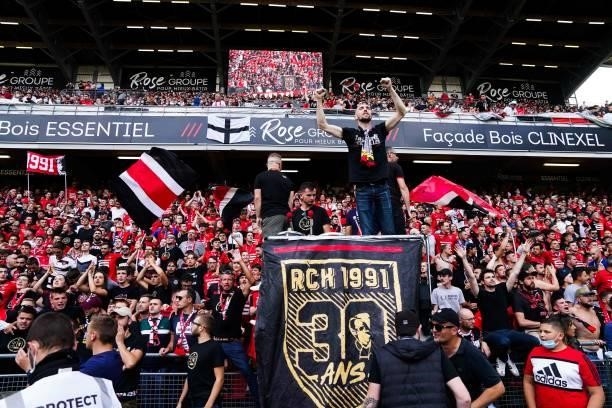 Supporters of Rennes during the Ligue 1 Uber Eats match between Rennes and Nantes at Roazhon Park on August 22, 2021 in Rennes, France.