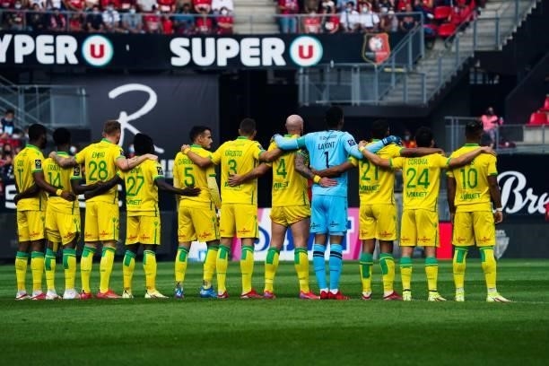 Players of Nantes during the Ligue 1 Uber Eats match between Rennes and Nantes at Roazhon Park on August 22, 2021 in Rennes, France.